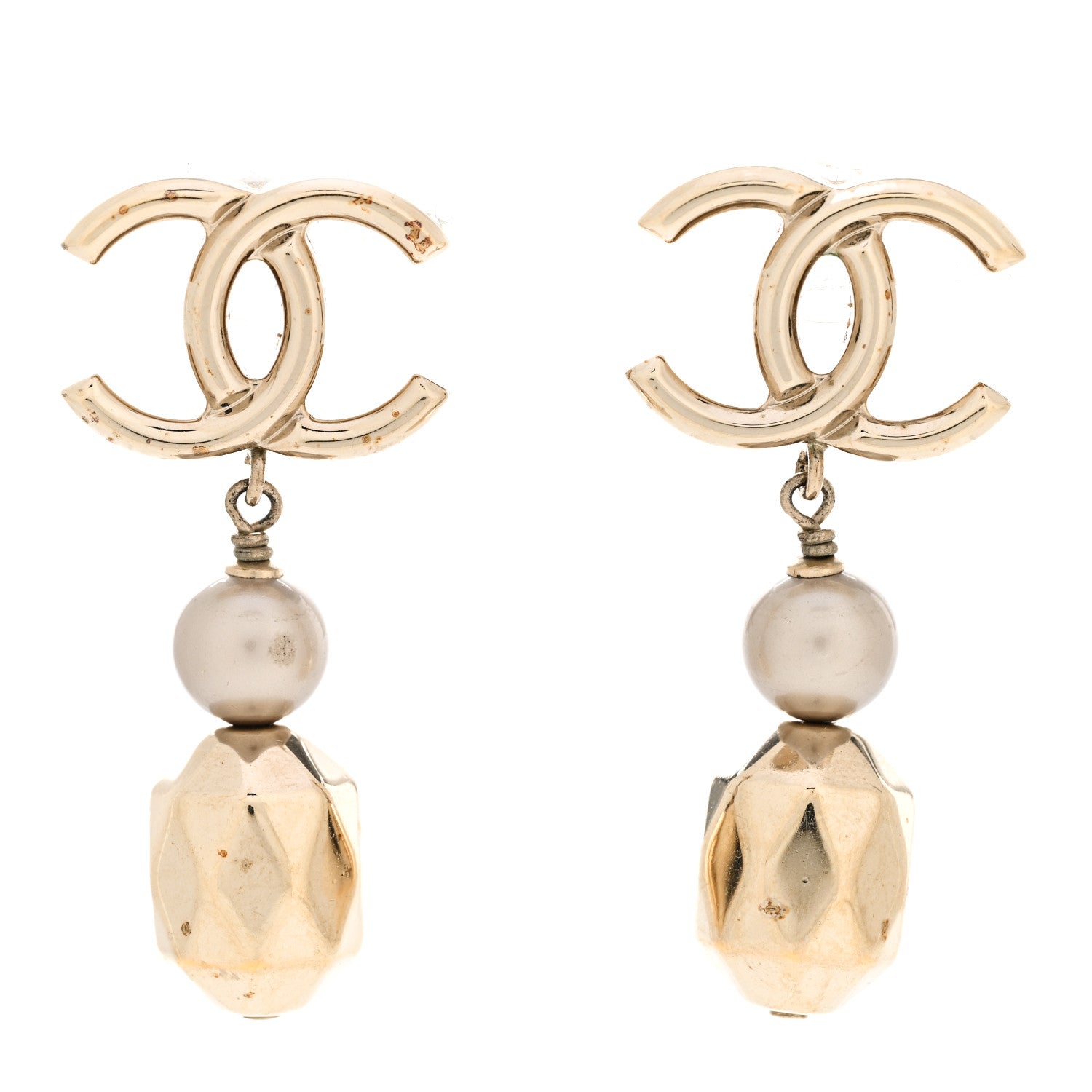 Chanel Metal Bead Pearl CC Drop Earrings Golden Pearly White 1 of 9