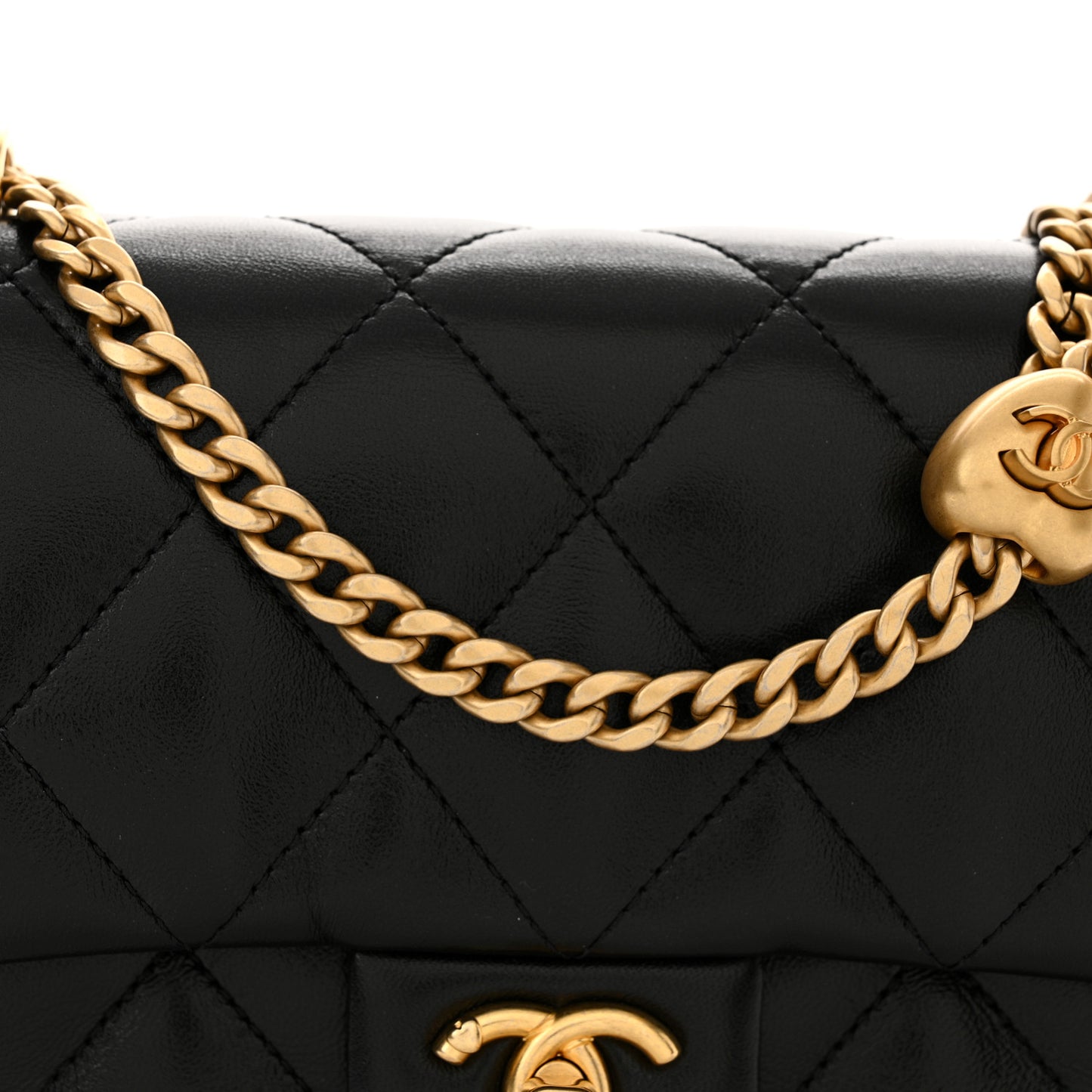 Shiny Lambskin Quilted Mini Sweetheart Flap Black