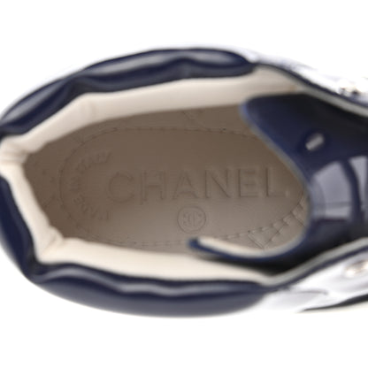 Chanel Patent Calfskin High Top CC Sneakers 38 Navy White 8 of 9
