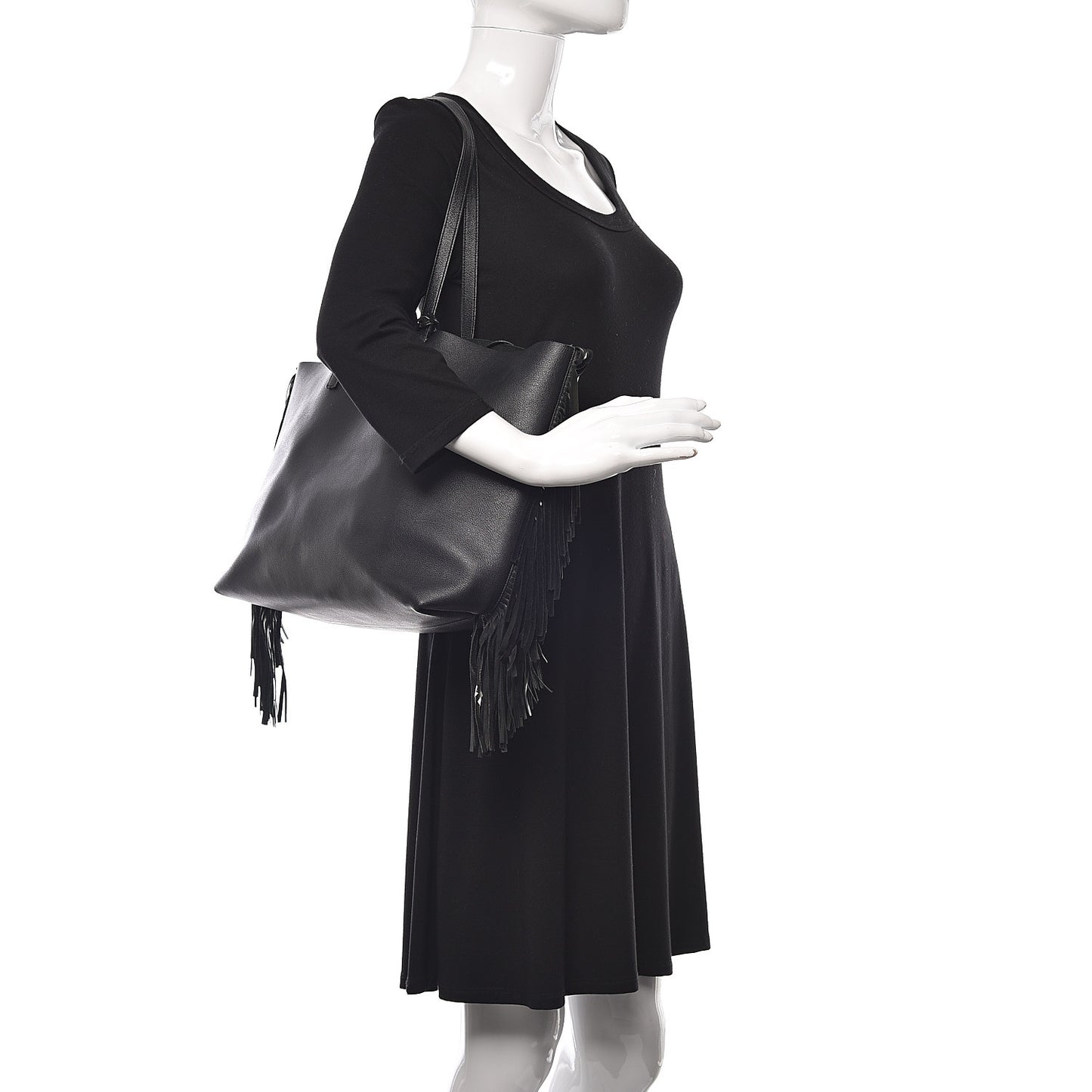 Calfskin Large Fringe Shopping Tote Black