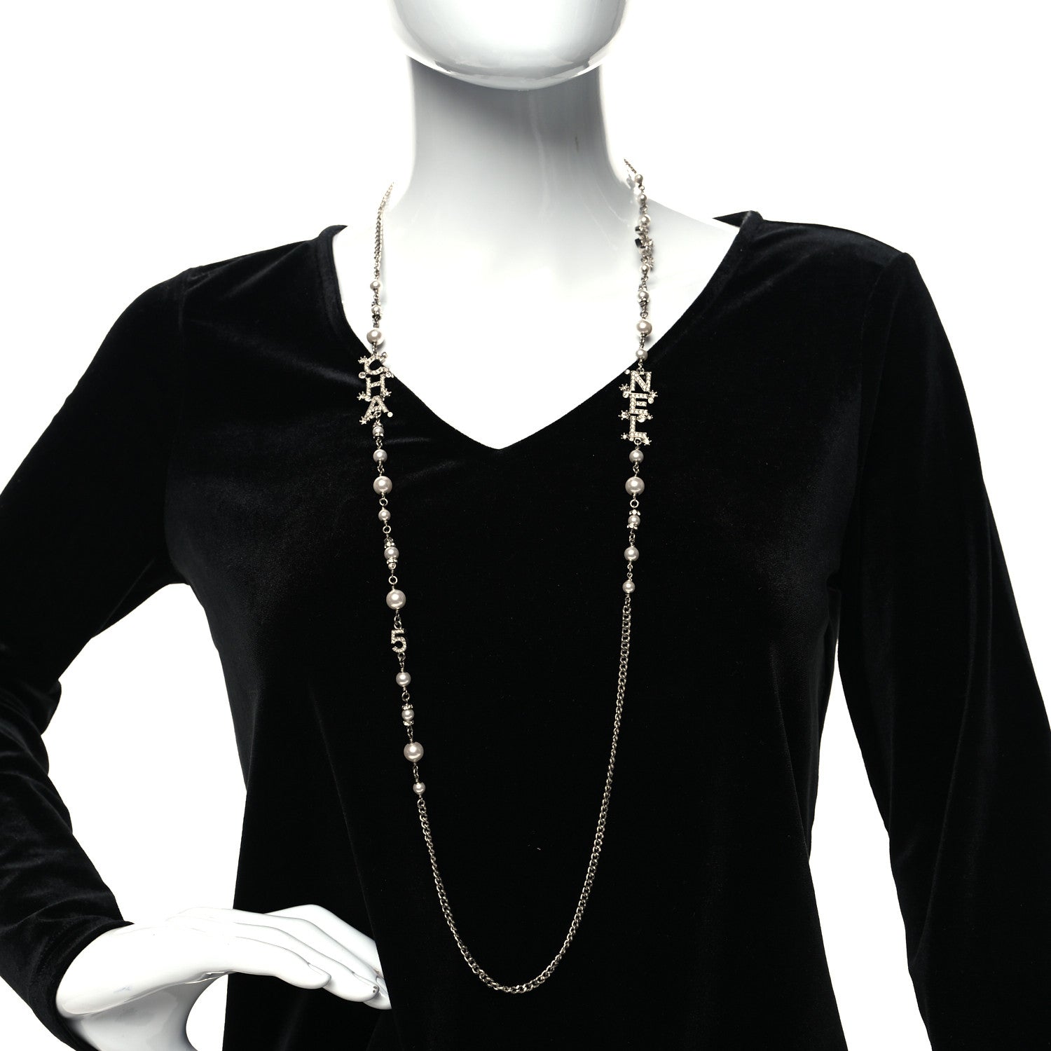 Chanel Crystal Pearl Logo Necklace Silver 2 of 5