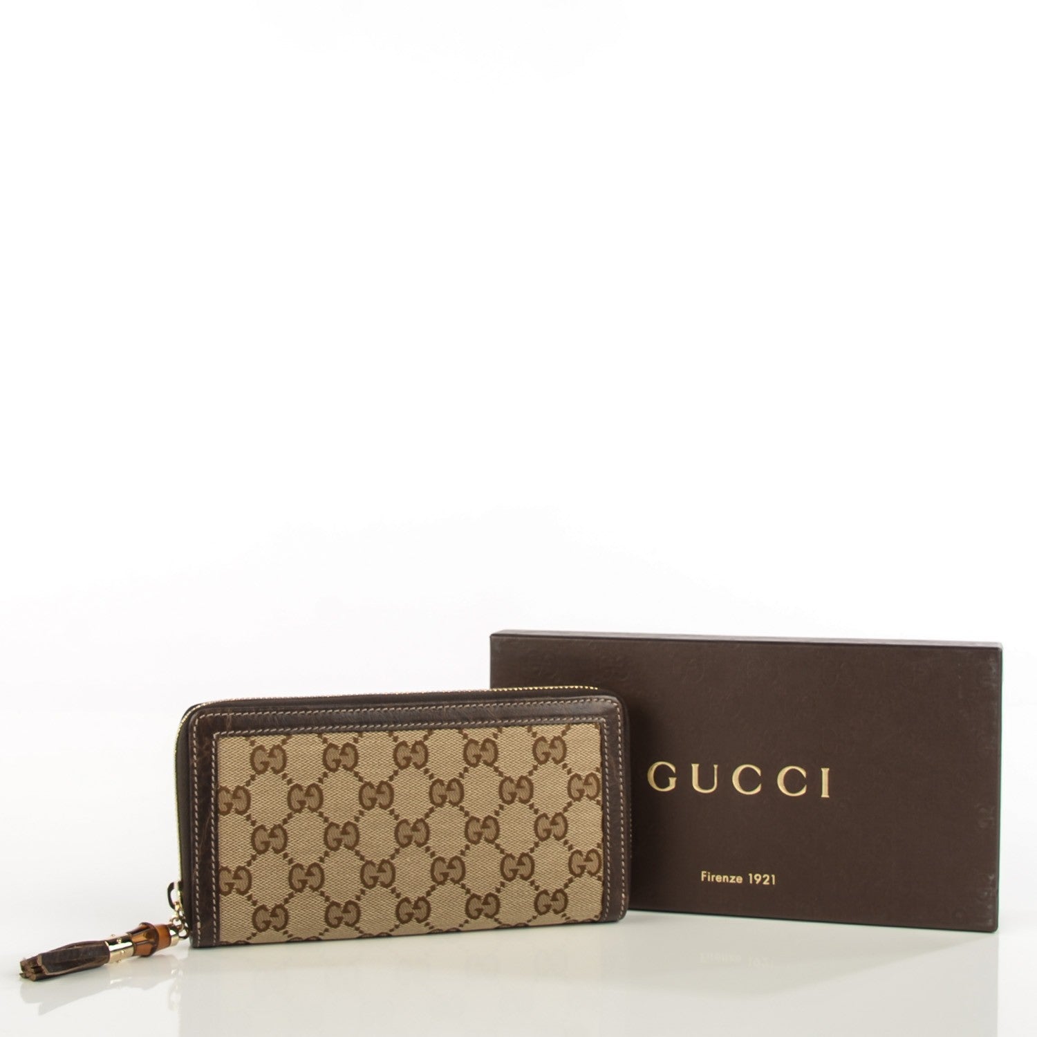 Gucci Monogram Calfskin Bamboo Tassel Zip Around Wallet Beige Ebony Chocolate 4 of 9