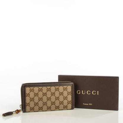 Gucci Monogram Calfskin Bamboo Tassel Zip Around Wallet Beige Ebony Chocolate 4 of 9