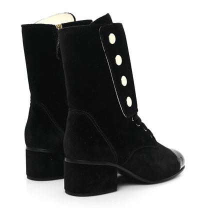 Chanel Velvet Patent Cap Toe CC Lace Up Boots 38.5 Black 6 of 9