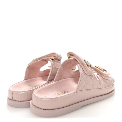 Chanel Shiny Calfskin Quilted Velcro Dad Crystal CC Slide Sandals 37 Light Pink 5 of 11