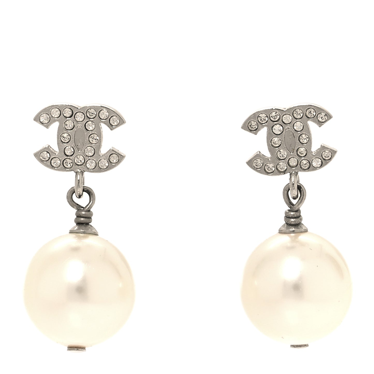 Crystal Pearl CC Drop Earrings Silver Pearly White