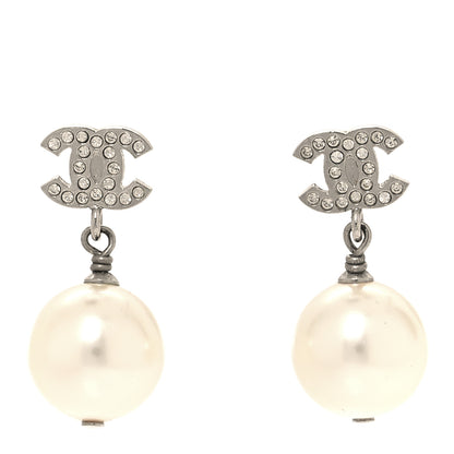 Chanel Crystal Pearl CC Drop Earrings Silver Pearly White 1 of 4
