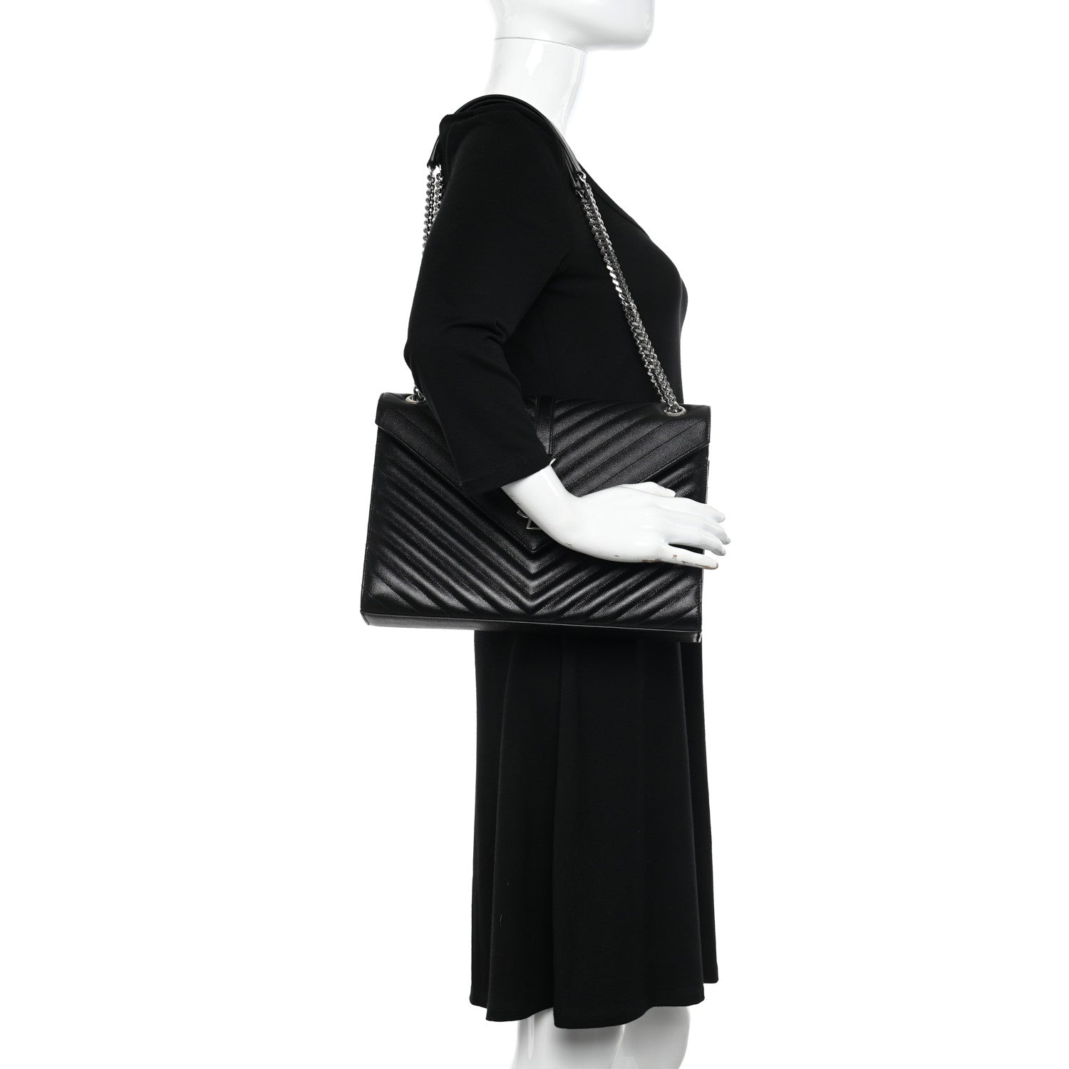Saint Laurent Grain De Poudre Matelasse Chevron Large Monogram Satchel Black 2 of 10