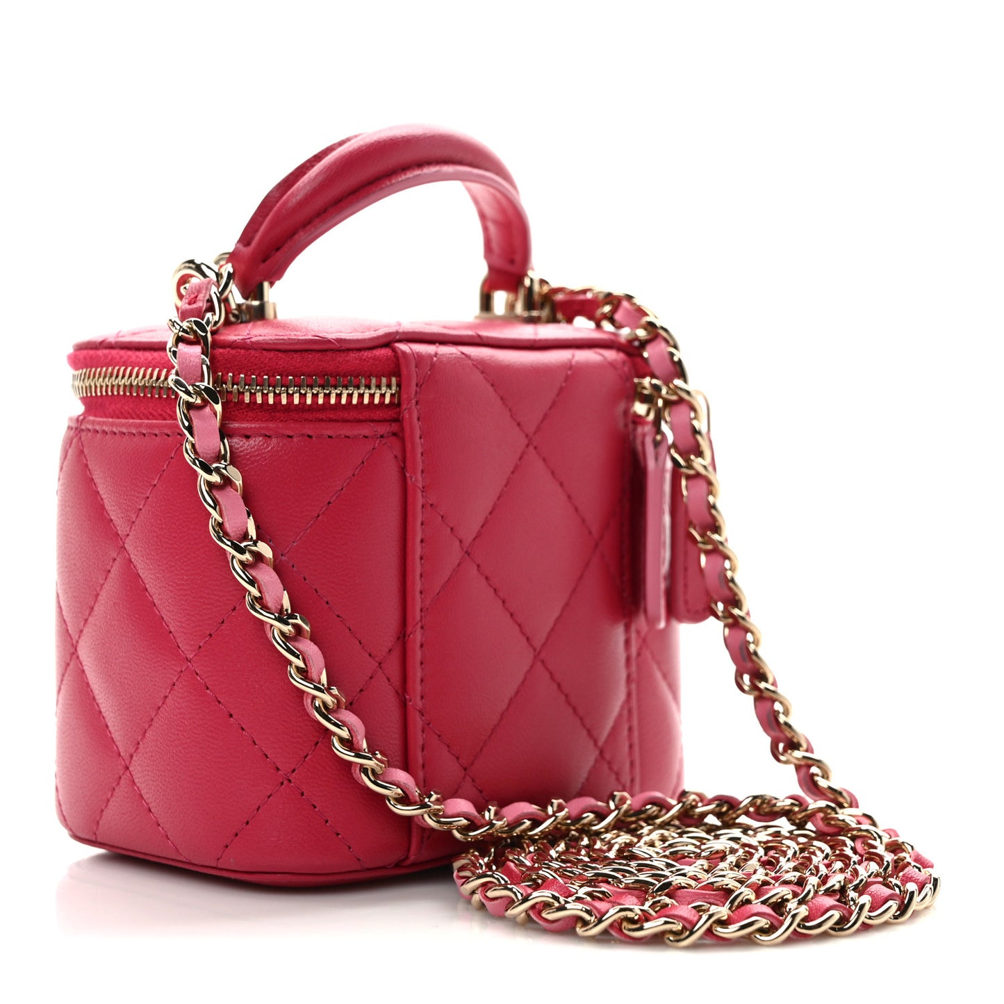 Lambskin Quilted Mini Top Handle Vanity Case With Chain Dark Pink