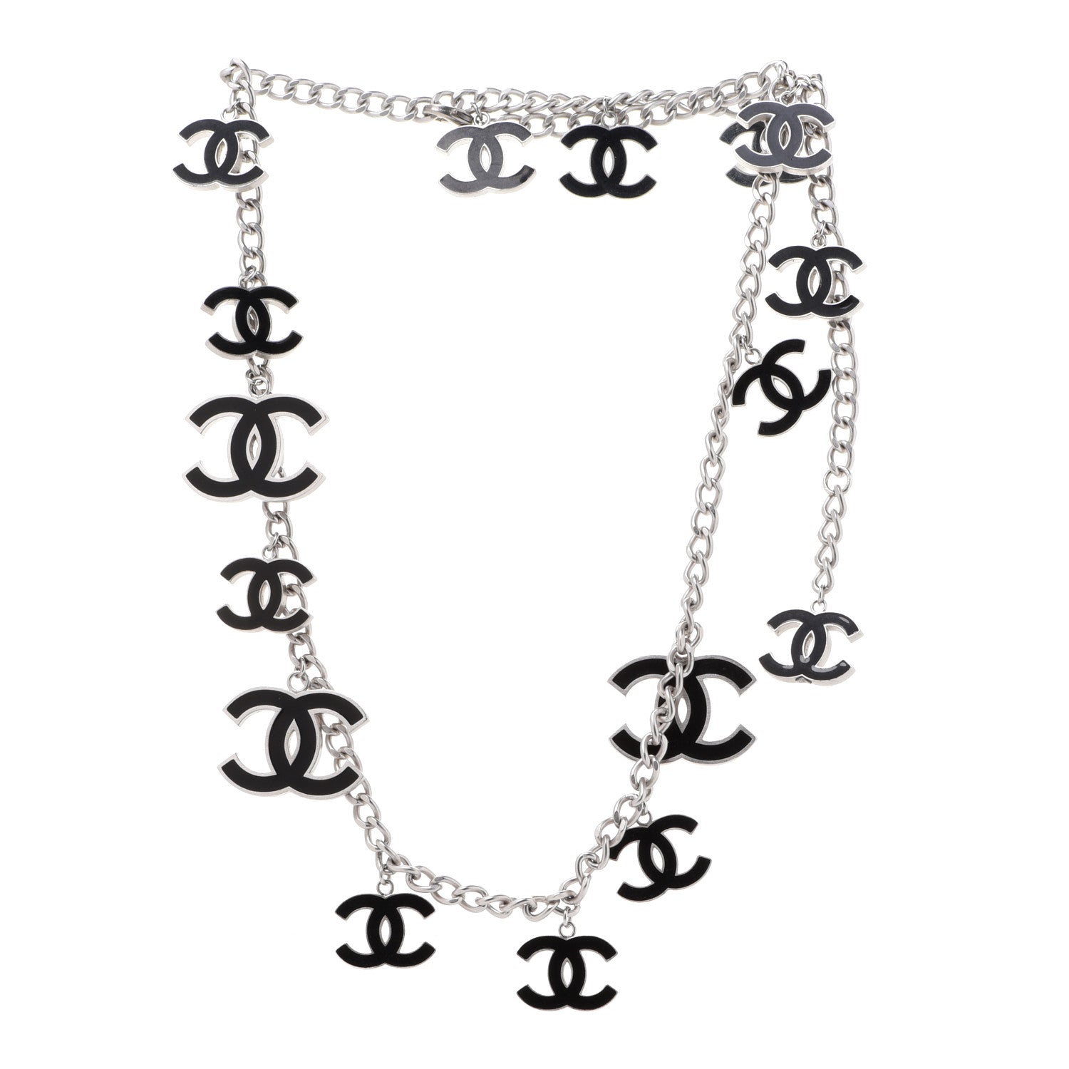 Chanel Enamel CC Chain Necklace Belt Silver Black 1 of 5