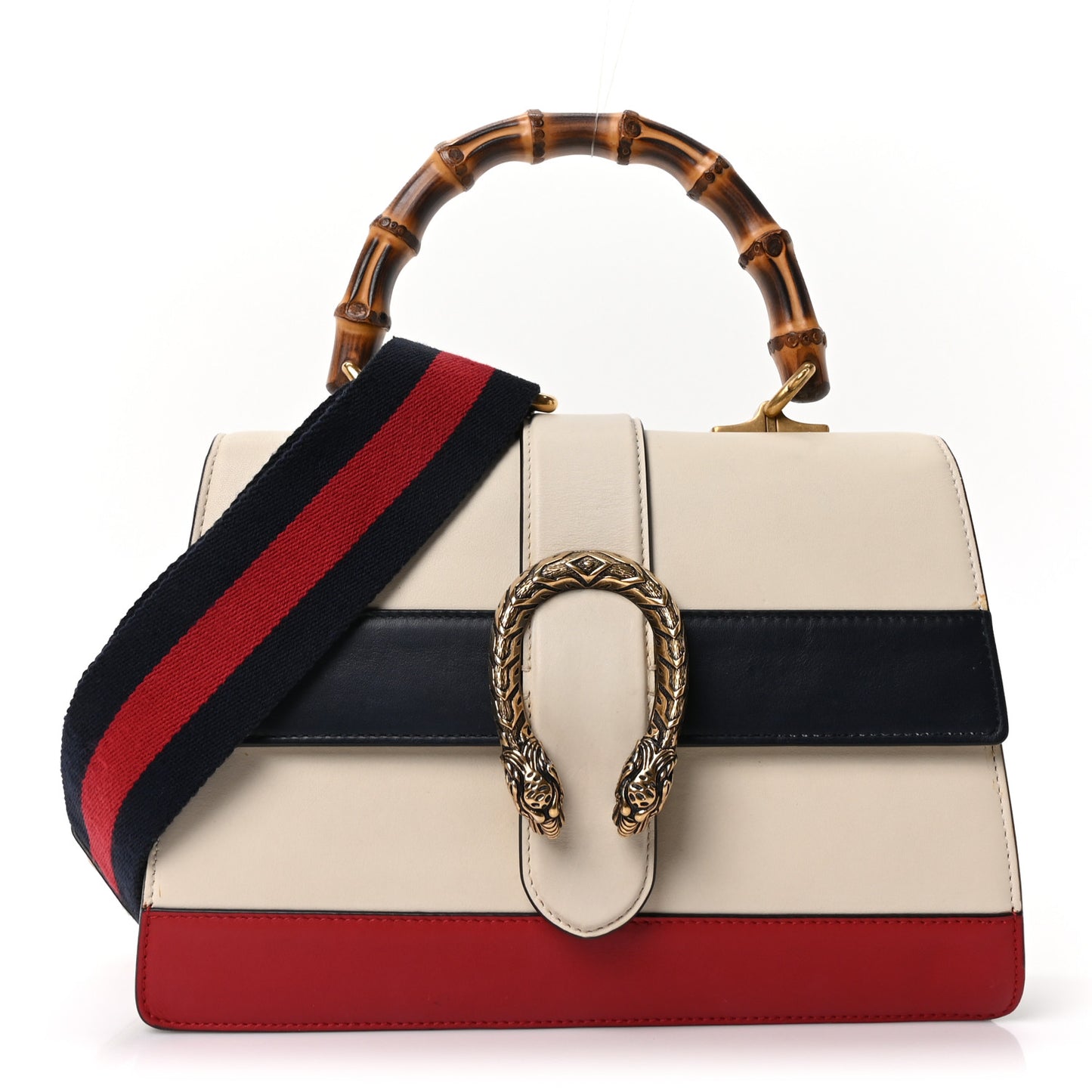 Calfskin Bamboo Web Medium Dionysus Top Handle Bag White Blue Hibiscus Red