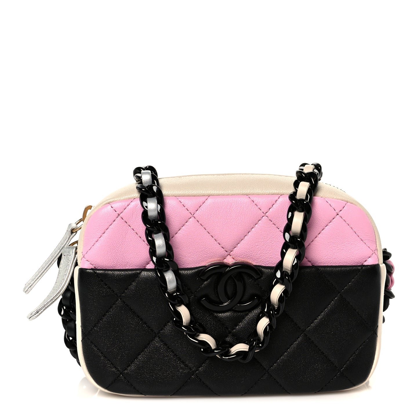 Shiny Lambskin Monochrome Chain Mini Camera Case Bag Pink Black Silver