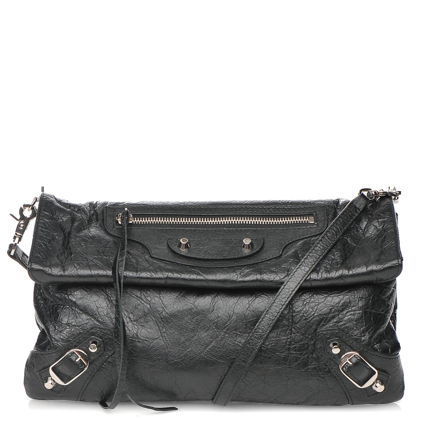 Agneau Classic Silver Hardware Envelope Strap Clutch Black
