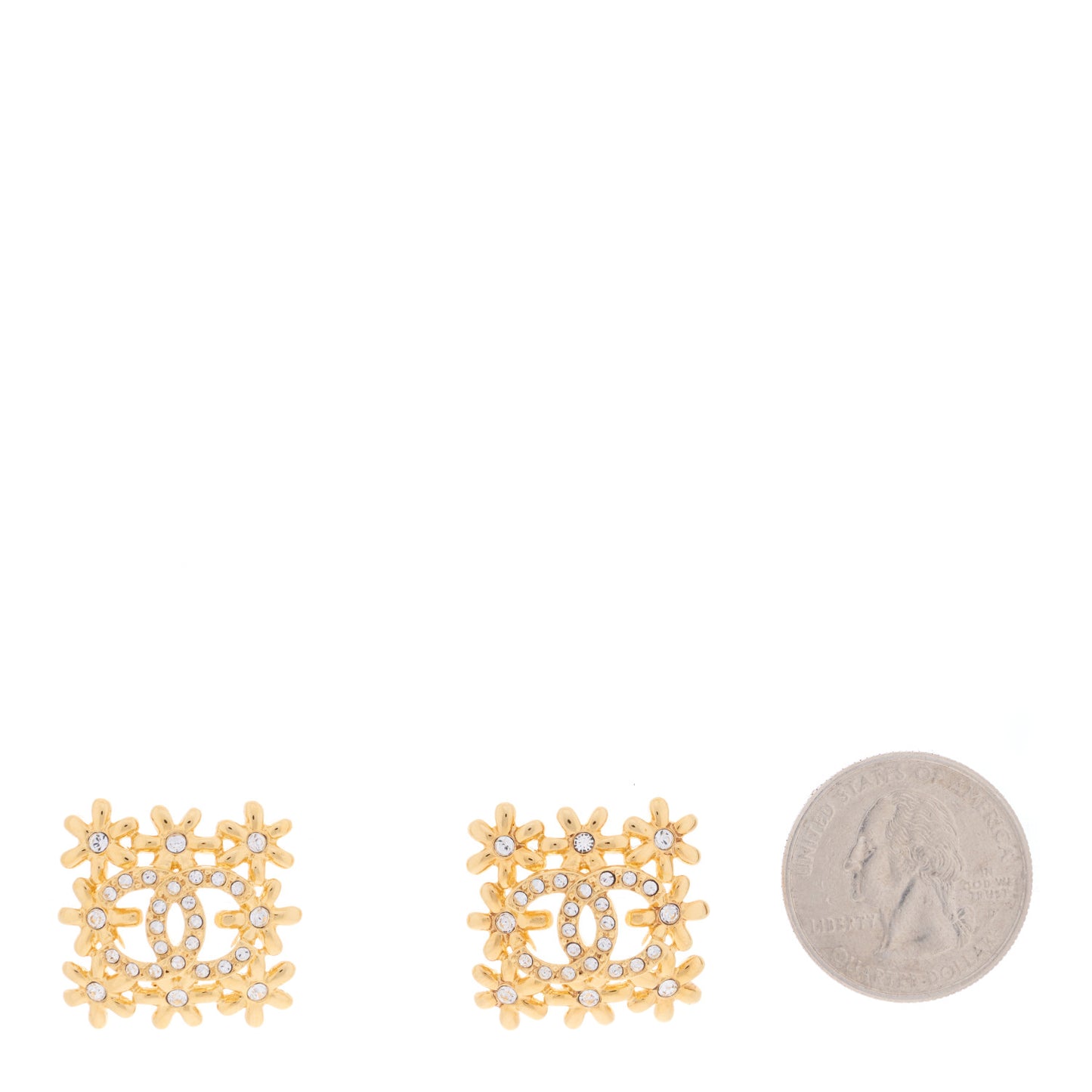 Metal Crystal CC Square Floral Earrings Gold
