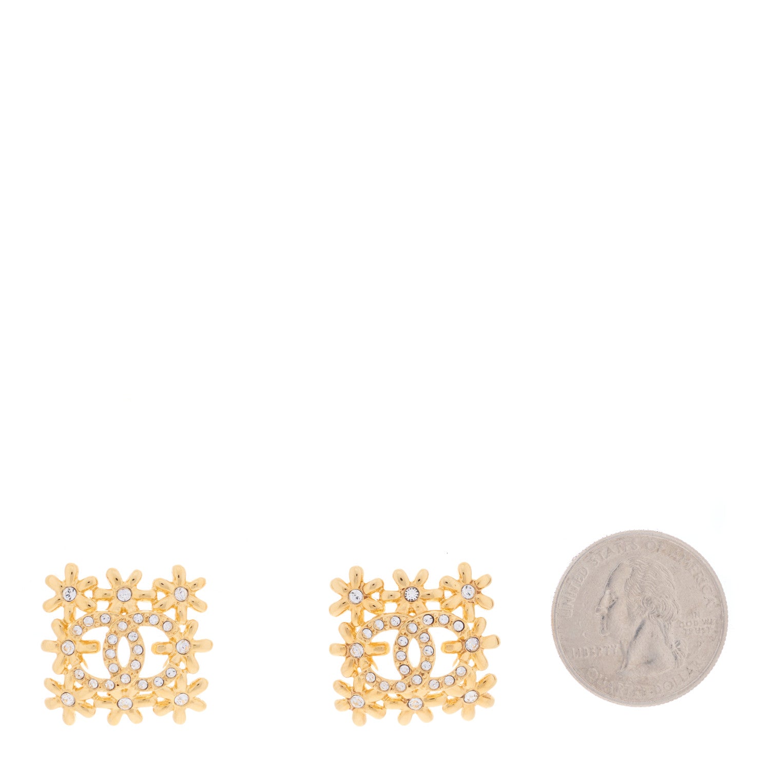 Chanel Metal Crystal CC Square Floral Earrings Gold 2 of 4