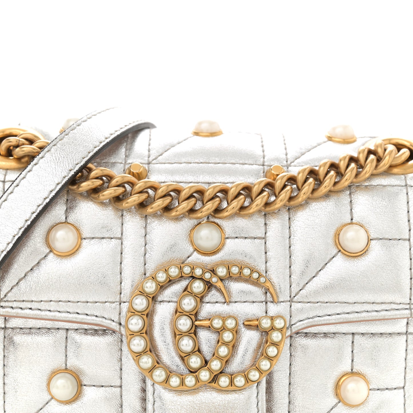 Metallic Calfskin Matelasse Studded Mini Pearly GG Marmont Shoulder Bag Silver