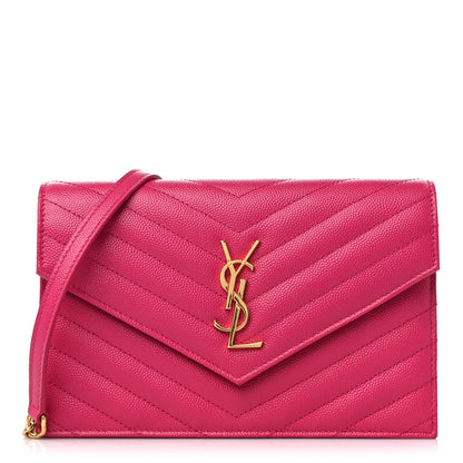 Saint Laurent Grain De Poudre Matelasse Chevron Monogram Envelope Chain Wallet Fresh Fuchsia 1 of 8