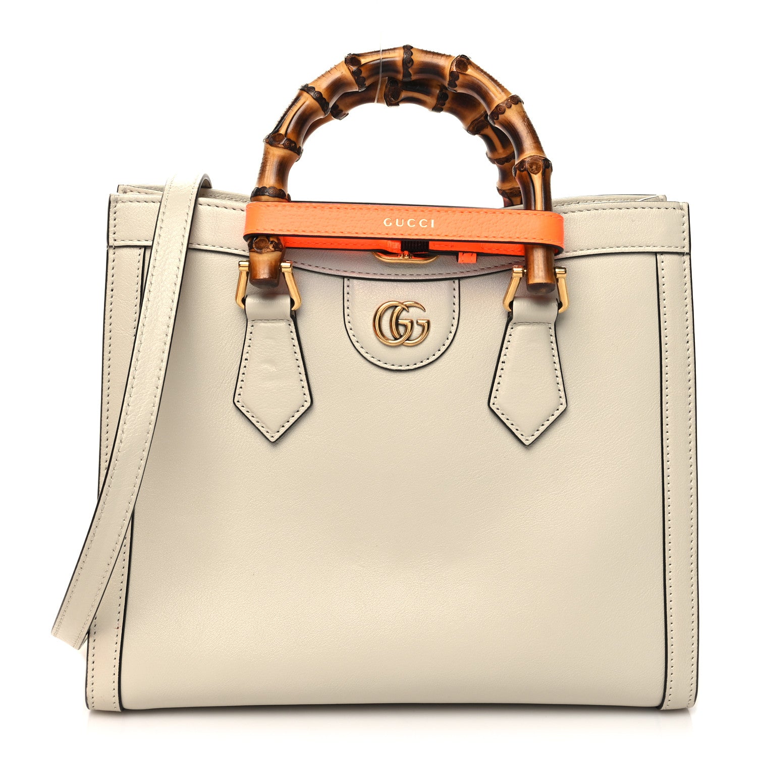 Gucci Wonka Grain Calfskin Small Diana Tote Bag Mystic White Orange Fluo 1 of 11
