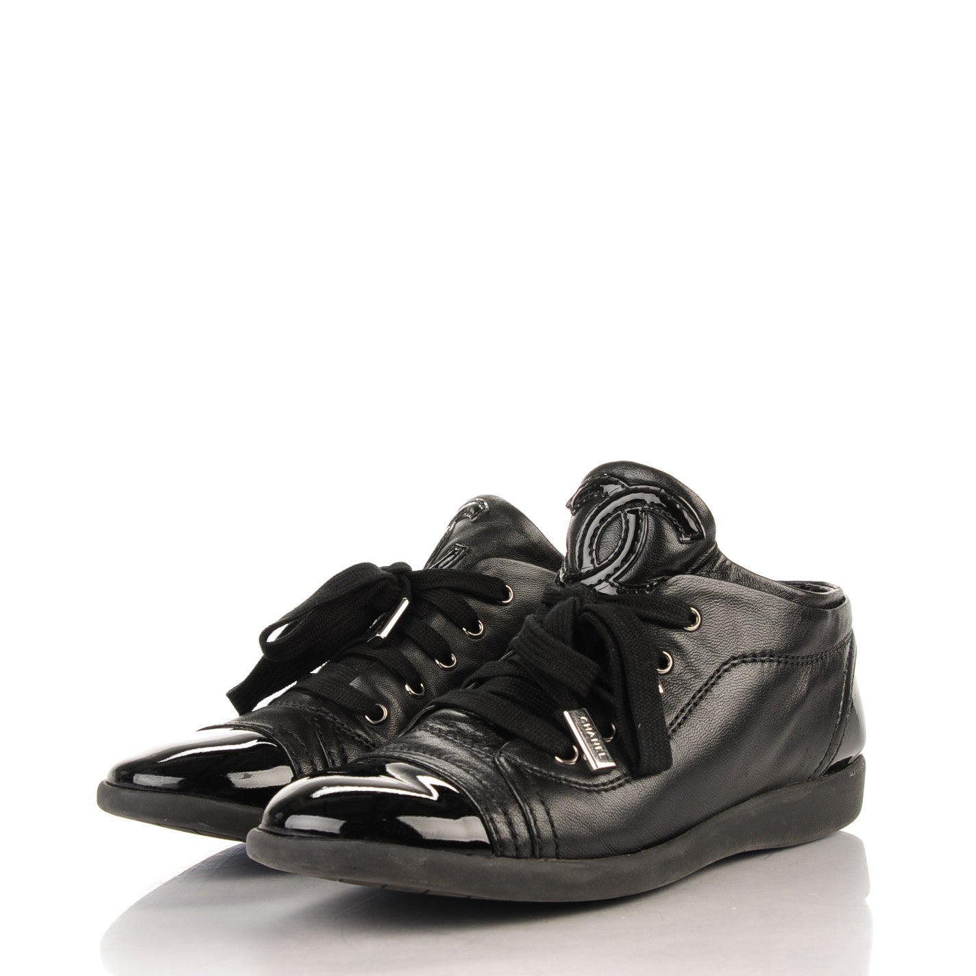 Chanel Lambskin Patent Cap Toe CC Sneakers 34.5 Black 4 of 10