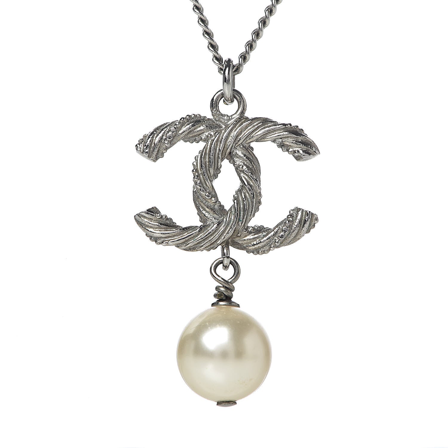 Chanel Pearl Twisted CC Drop Necklace Silver 5 of 5