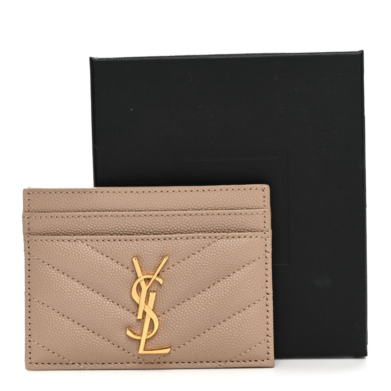 Saint Laurent Grain De Poudre Matelasse Chevron Monogram Credit Card Case Dark Beige 8 of 8