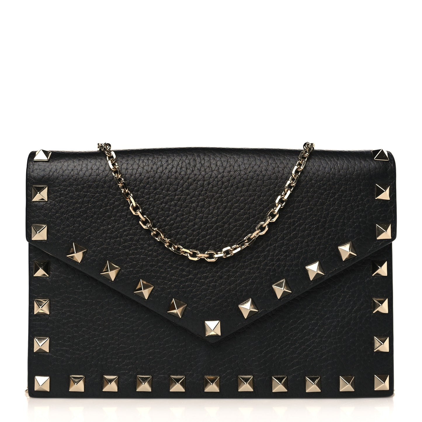 Pebbled Calfskin Rockstud Envelope Wallet on Chain Black