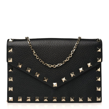 Valentino Garavani Pebbled Calfskin Rockstud Envelope Wallet on Chain Black 1 of 8