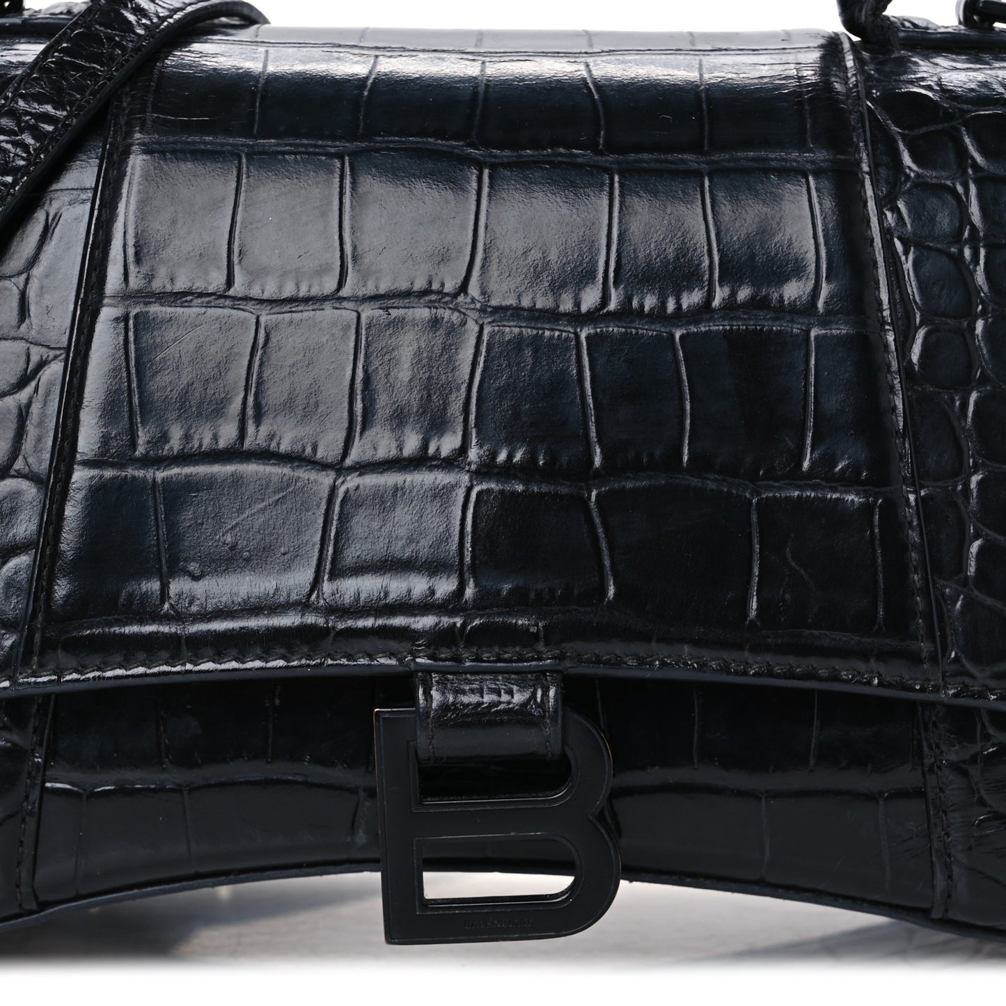 Shiny Calfskin Monochrome Crocodile Embossed Small Hourglass Top Handle Bag Black