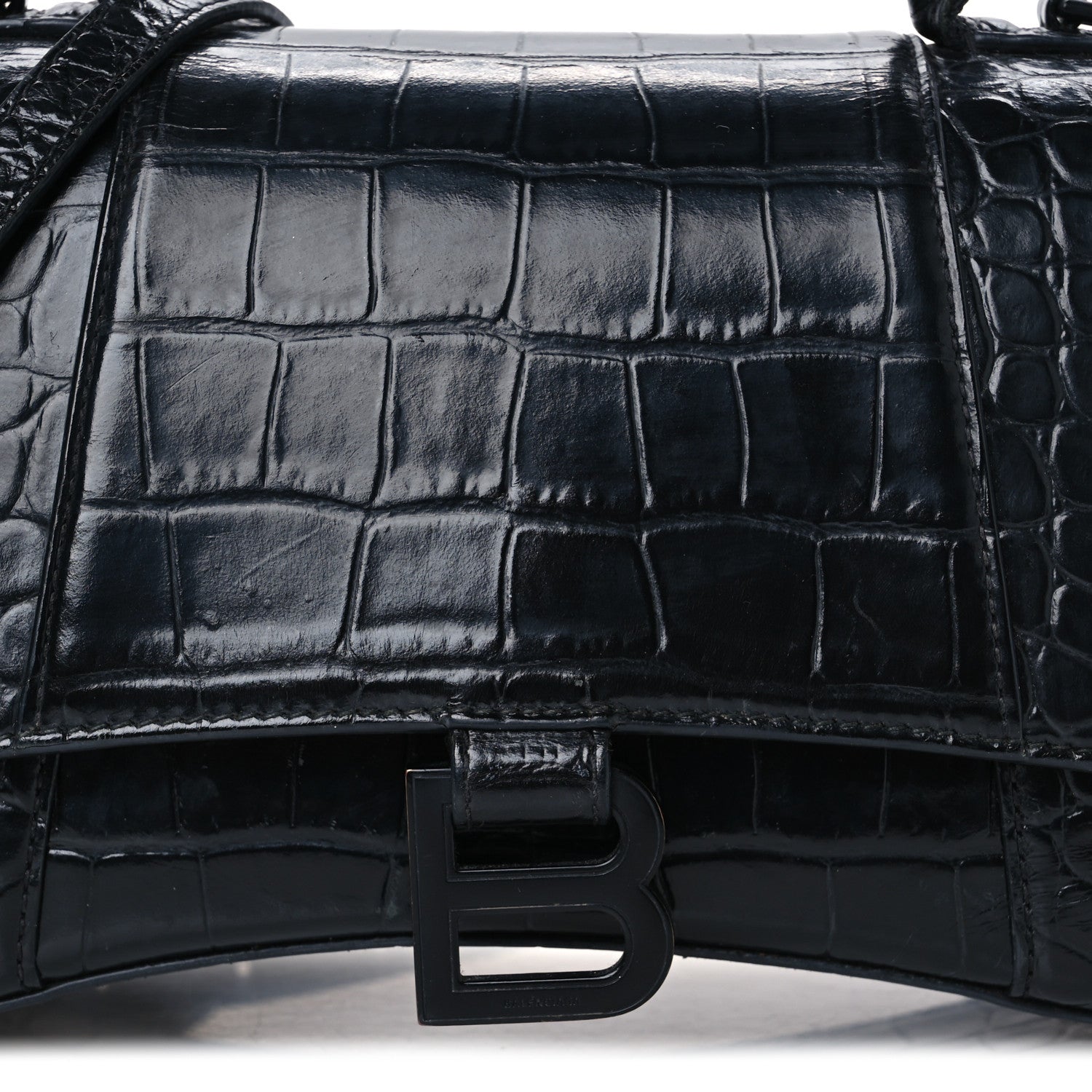 Balenciaga Shiny Calfskin Monochrome Crocodile Embossed Small Hourglass Top Handle Bag Black 9 of 14