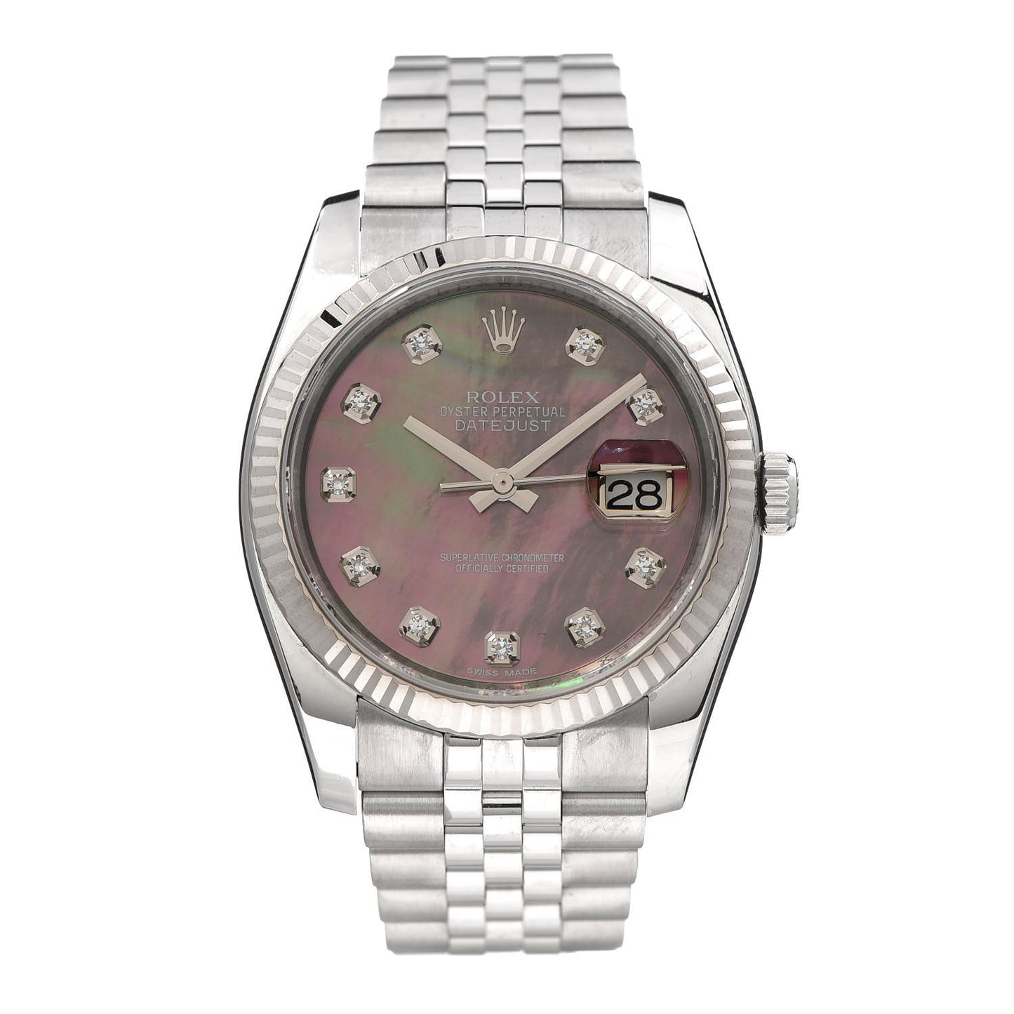 Stainless Steel 18K White Gold Diamond Black Mother of Pearl 36mm Oyster Perpetual Datejust Watch 116234
