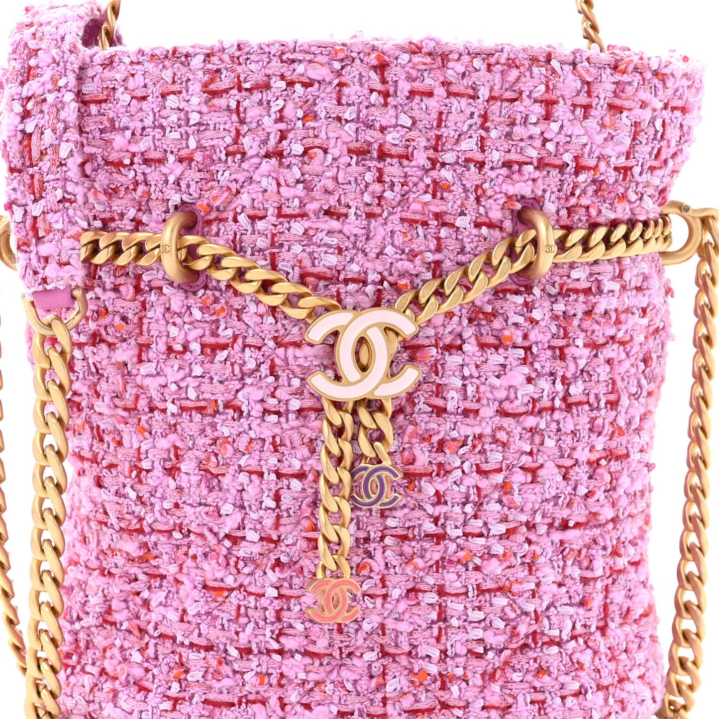 Tweed Enamel Quilted Pending CC Bucket Drawstring Bag Light Purple Pink Red