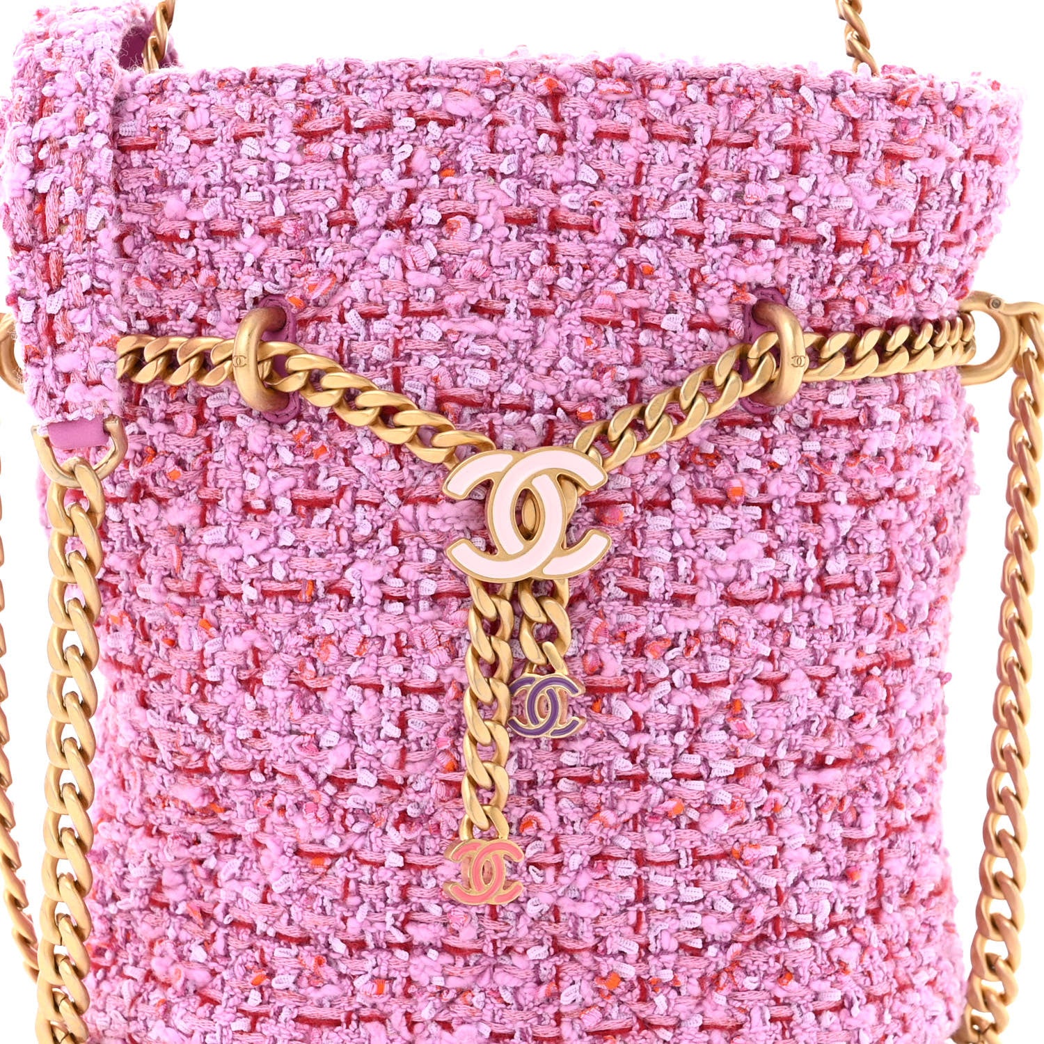 Chanel Tweed Enamel Quilted Pending CC Bucket Drawstring Bag Light Purple Pink Red 8 of 10