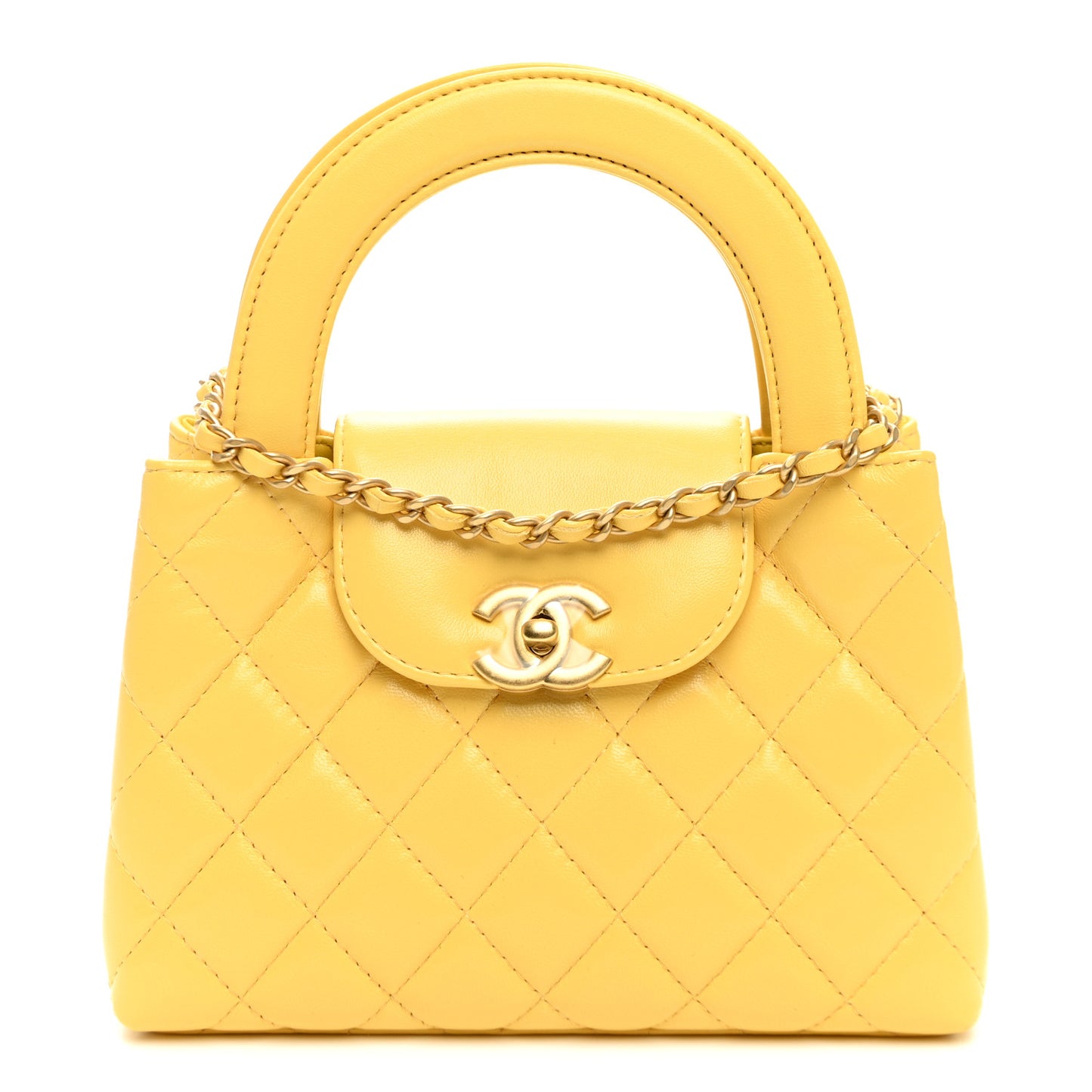 Shiny Aged Calfskin Quilted Nano Kelly Shopper Light Yellow