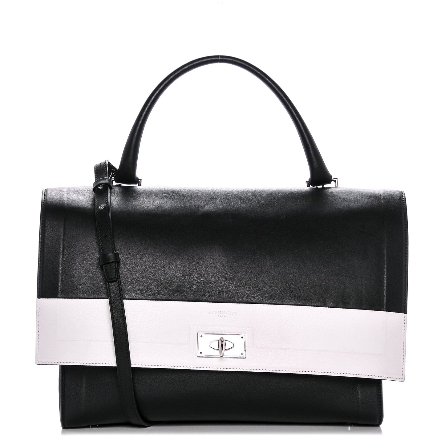 Grained Calfskin Medium Bi-Color Shark Lock Satchel Black White