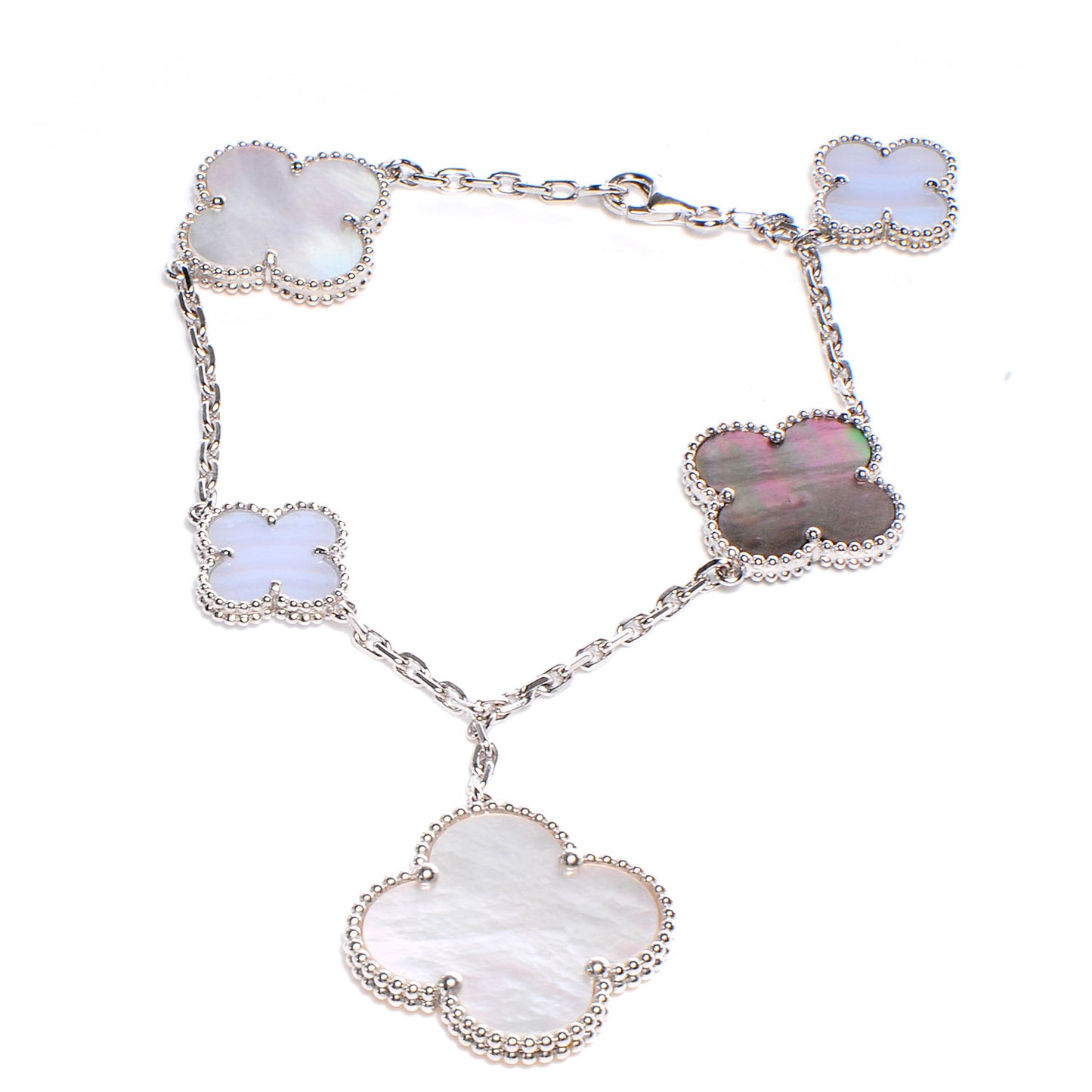 18K White Gold Chalcedony Mother of Pearl 5 Motifs Magic Alhambra Bracelet