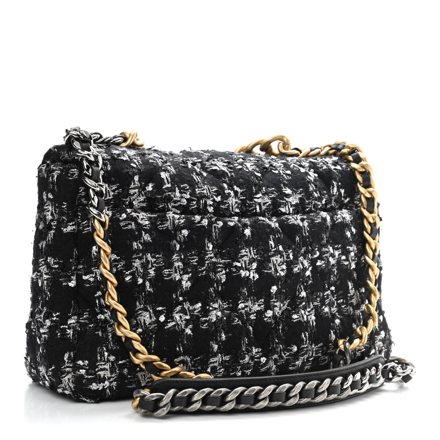 Tweed Quilted Large Chanel 19 Flap Black Ecru White