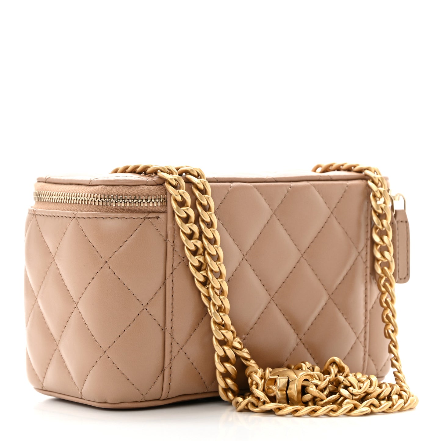 Lambskin Quilted Pearl Crush Small Vanity Case With Chain Beige