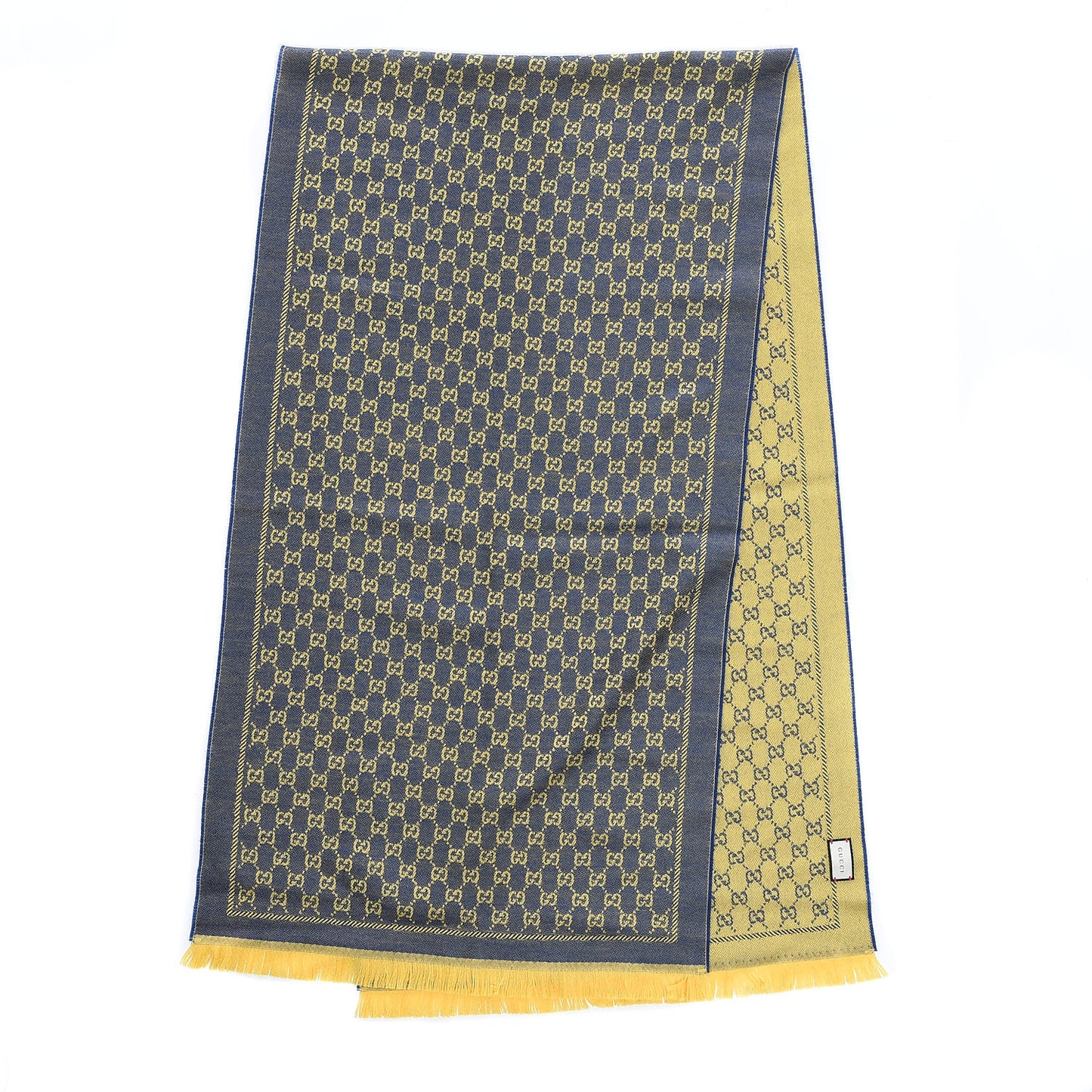 Wool Monogram Fringe Scarf Navy Yellow