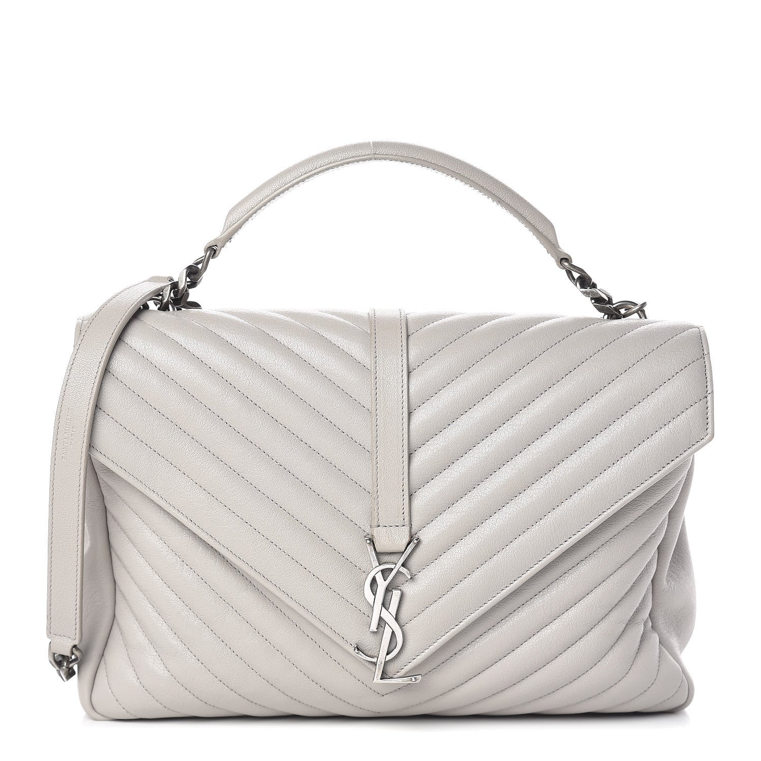 Saint Laurent Sheepskin Matelasse Chevron Monogram Large College Satchel Light Grey 1 of 12