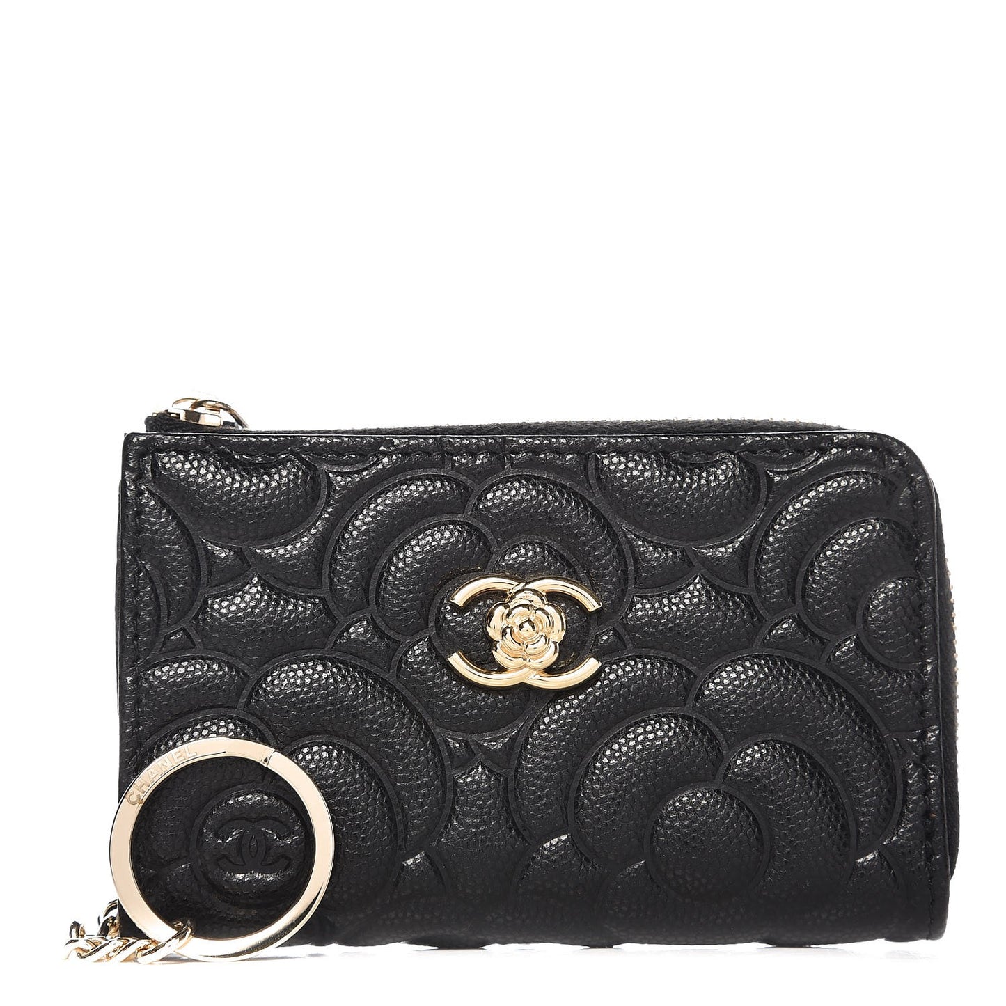 Caviar Camellia Embossed Key Holder Case Black