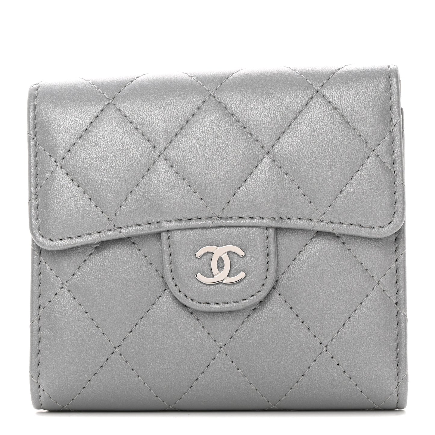 Metallic Lambskin Quilted Compact Flap Wallet Silver