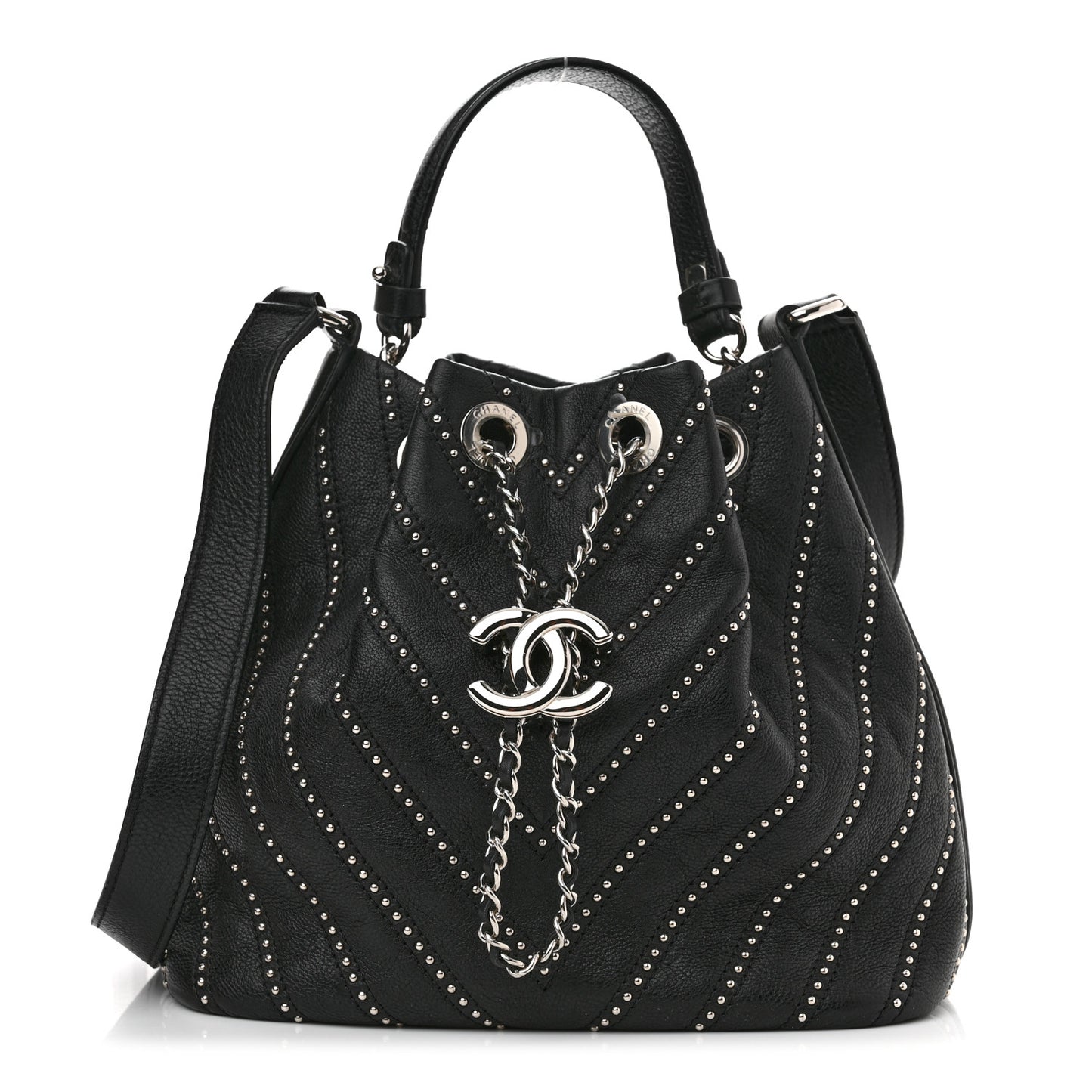 Calfskin Studded Chevron Quilted Stud Wars Drawstring Bag Black