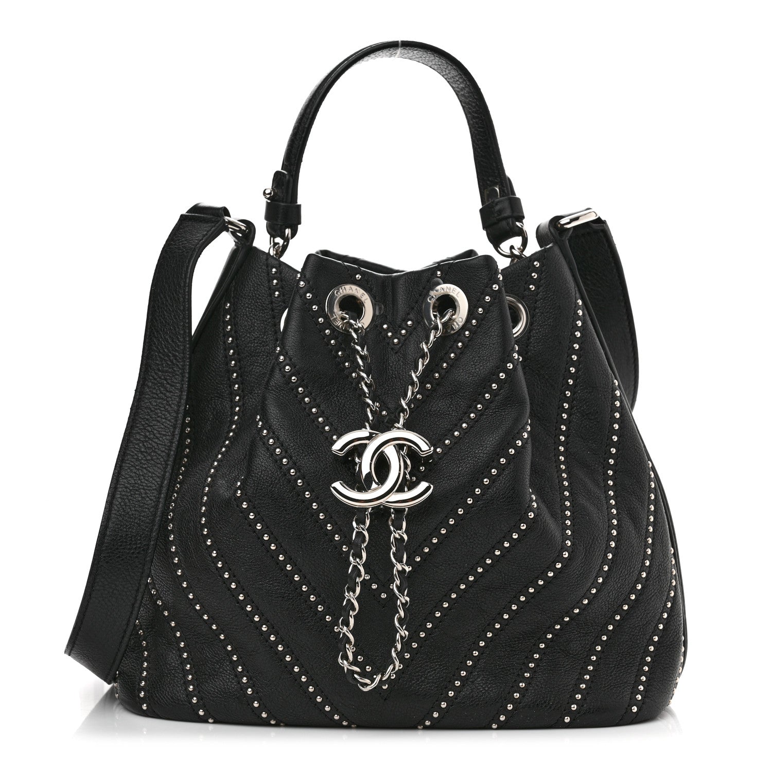 Chanel Calfskin Studded Chevron Quilted Stud Wars Drawstring Bag Black 1 of 11