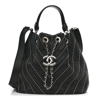 Chanel Calfskin Studded Chevron Quilted Stud Wars Drawstring Bag Black 1 of 11