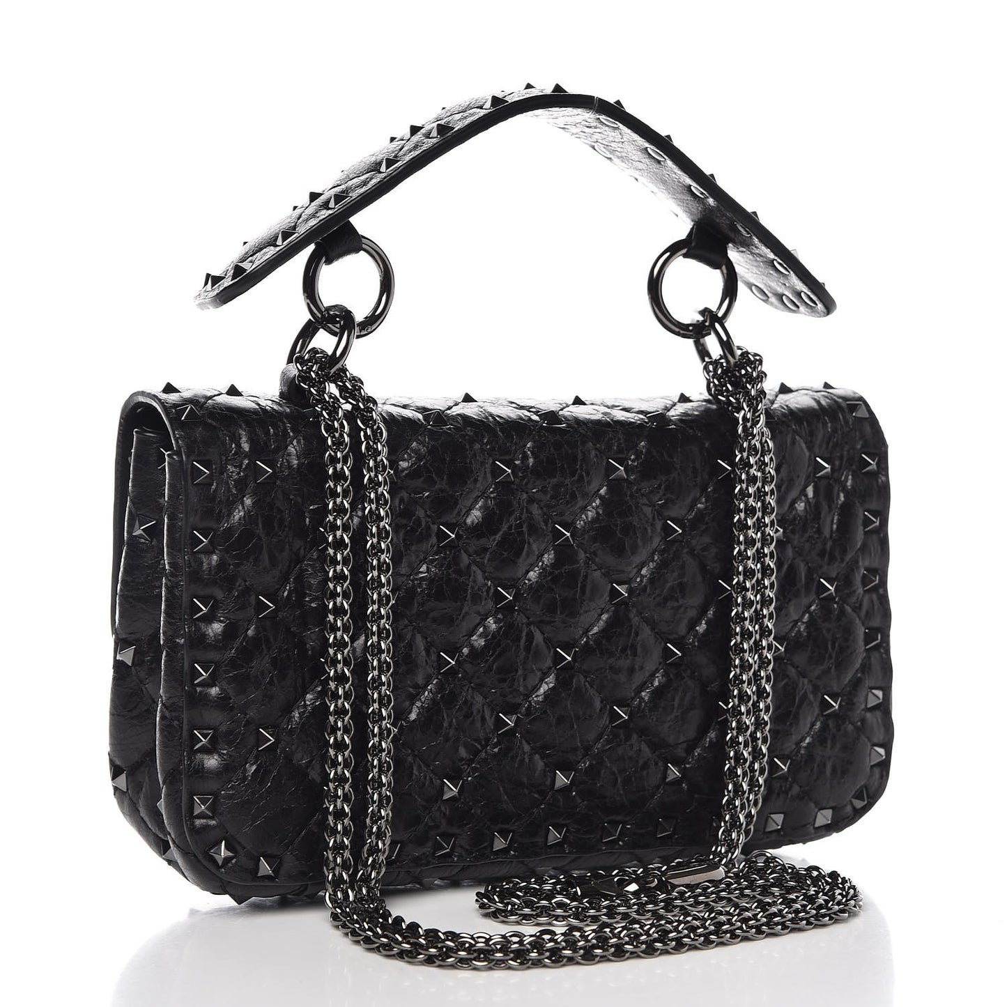 Craquele Nappa Small Rockstud Spike Shoulder Bag Black