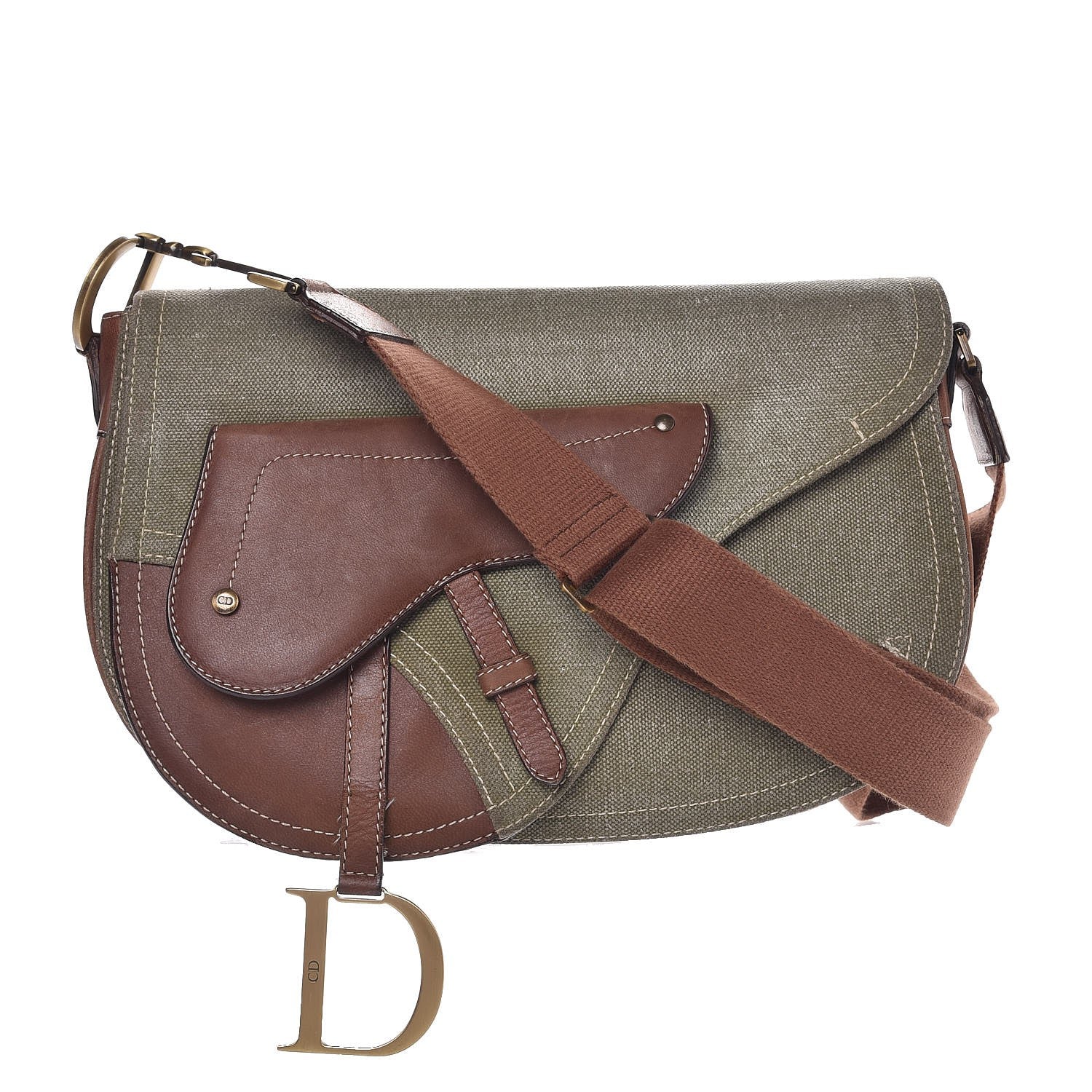 Christian Dior Calfskin Canvas Double Saddle Bag Green 1 of 9