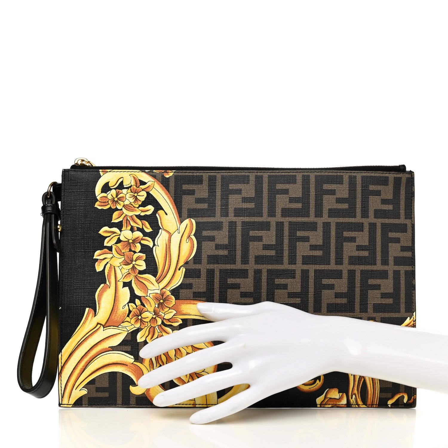 Fendi X VERSACE Glazed Fabric Vitello Cover Fendace FF Baroque Large Flat Pouch Black Gold 2 of 8