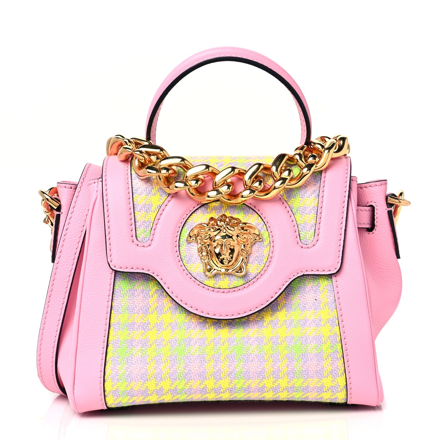 Grained Calfskin Canvas Houndstooth Small La Medusa Top Handle Bag Pink Multicolor