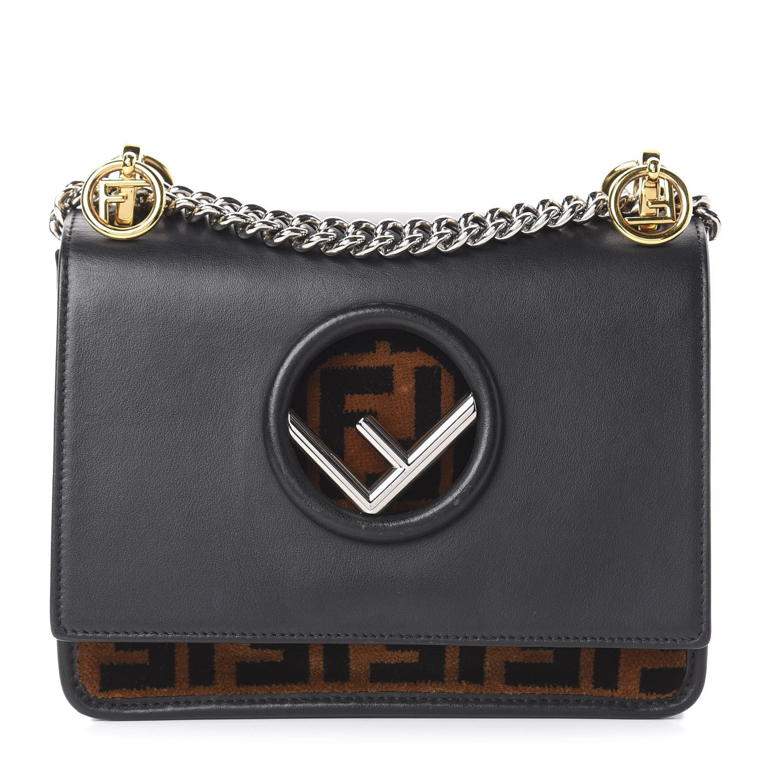 Fendi Vitello Century Velvet F is Fendi FF Small Kan I Shoulder Bag Black Tobacco 1 of 15