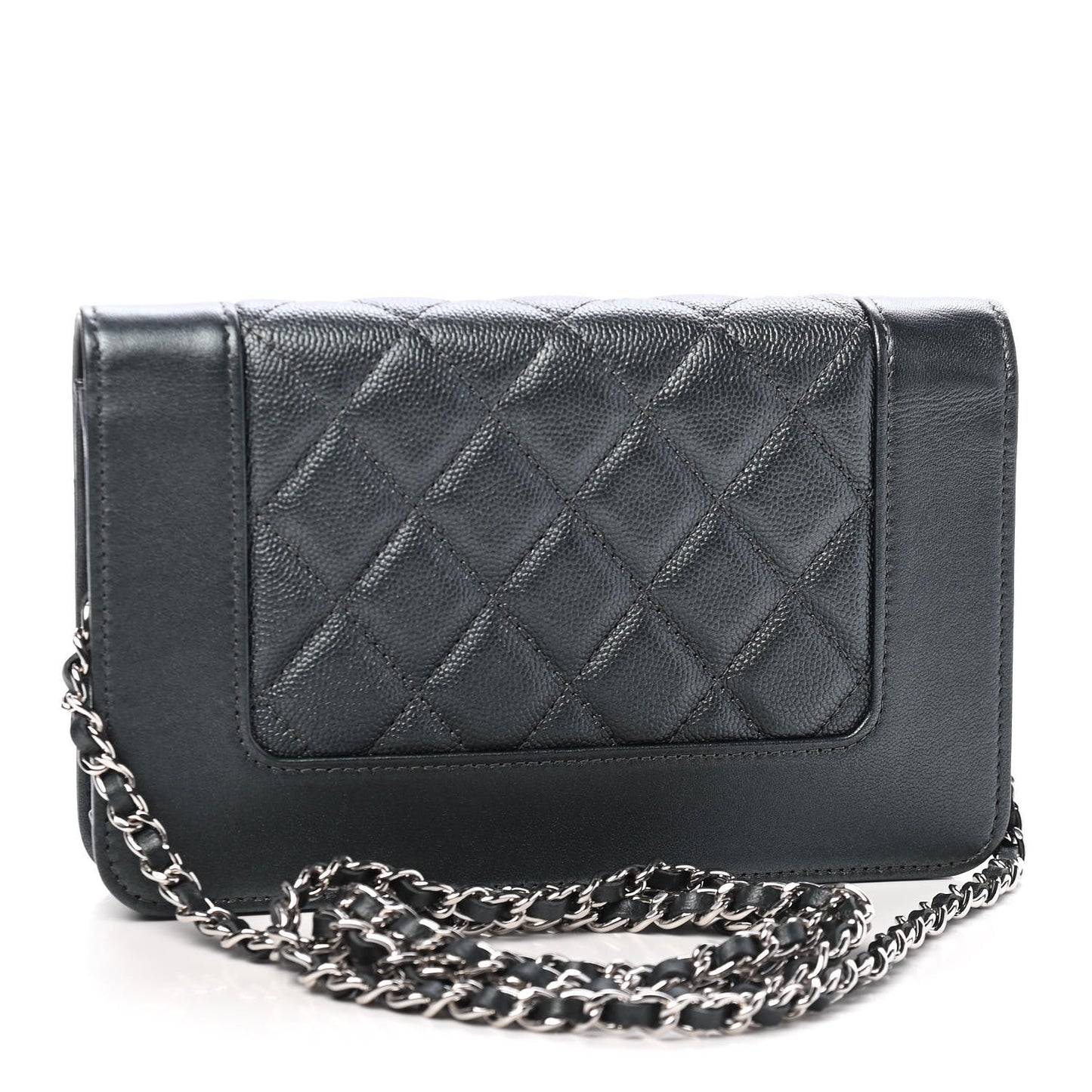 Metallic Caviar Chevron Quilted Vintage Mademoiselle Wallet On Chain WOC Charcoal